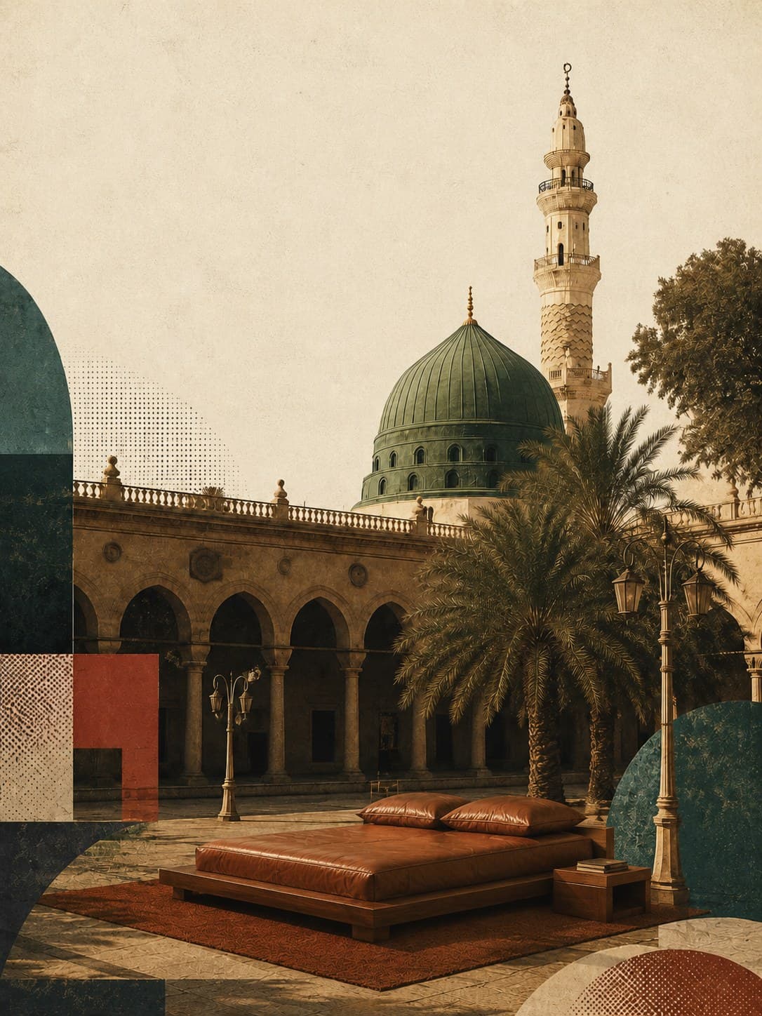 A cognac-leather bed in the Prophet's Mosque courtyard — Shoghmoum Stay
