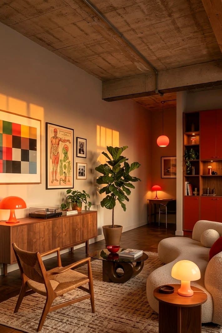 A warm mid-century sitting room with a wood sideboard, framed art and a plant