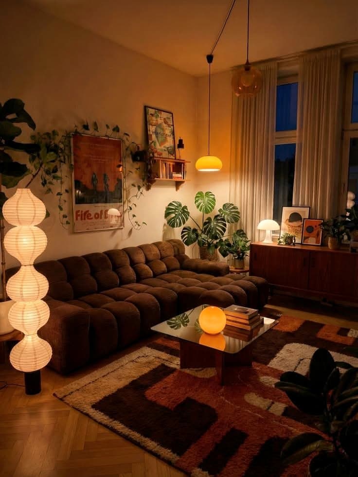 A warm lived-in lounge with a cognac tufted sofa, plants and golden lamplight