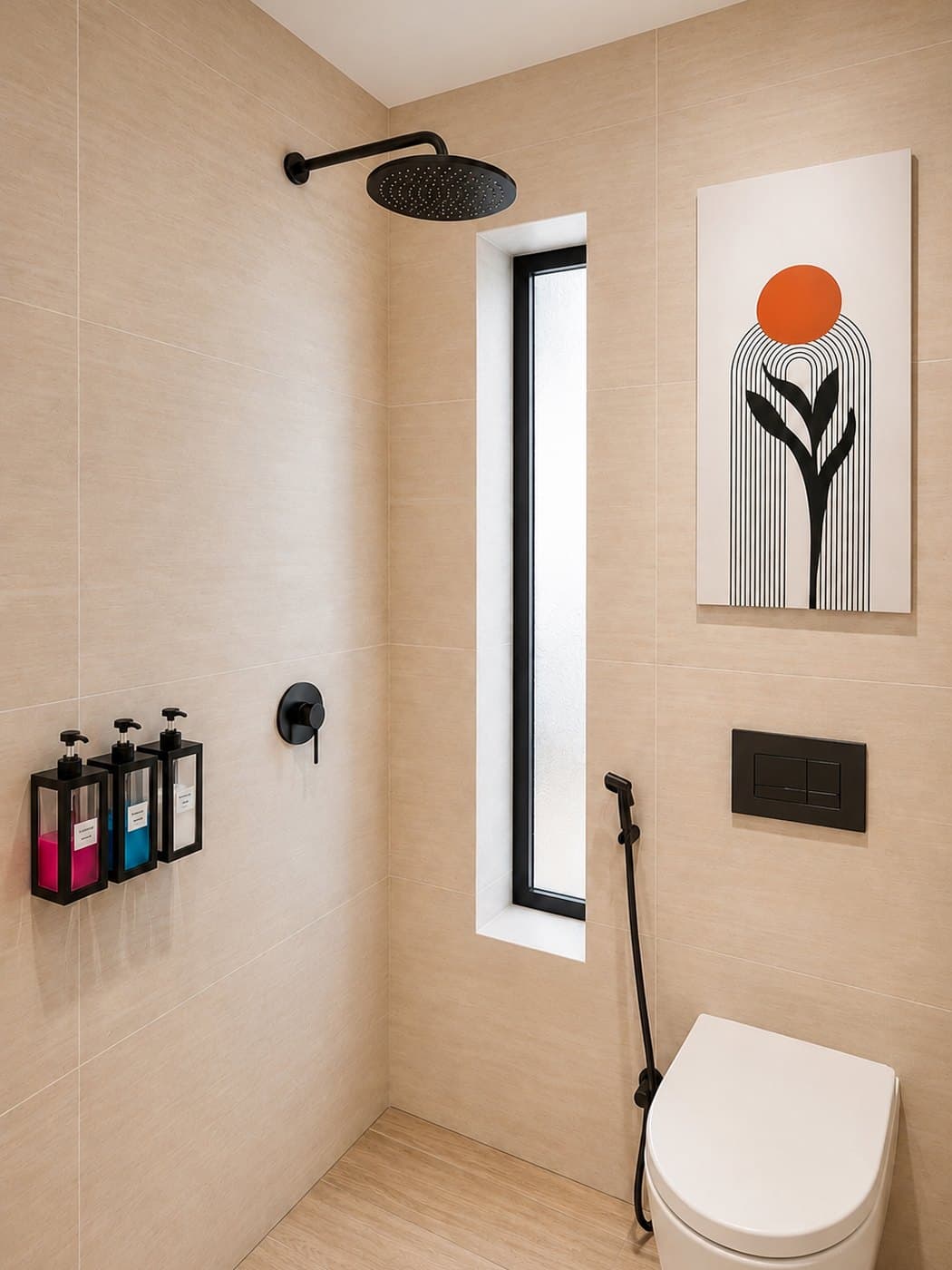 A tiled shower corner with a rain head, a tall frosted window and hospitality amenities — Ibn Khaldun