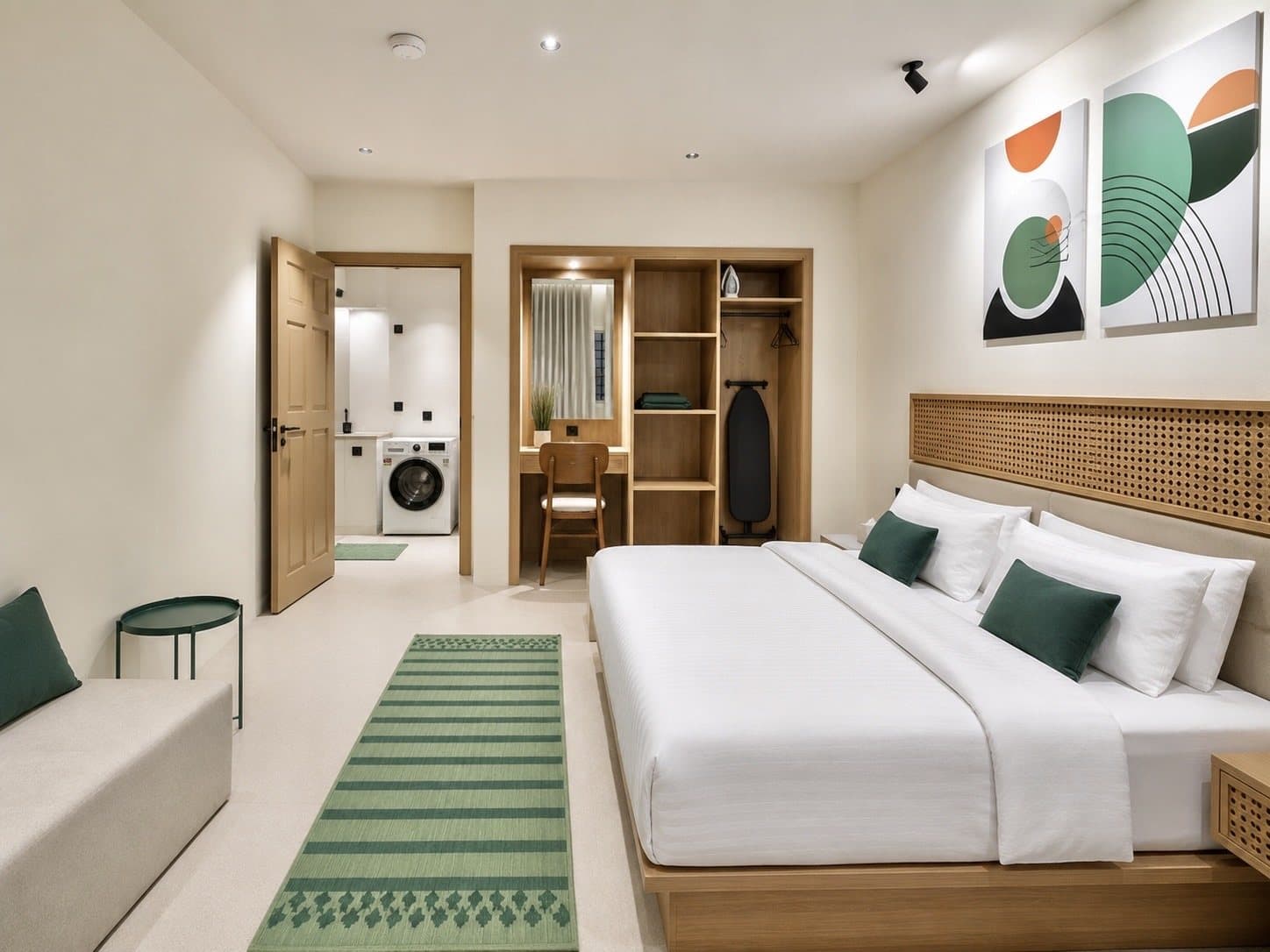 A king room with framed art and a green rug — Ibn Khaldun